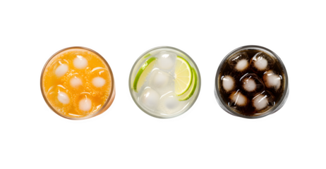 A top-down look at glasses filled with orange soda, lemon-lime soda, and cola, all with ice, set against a white background.