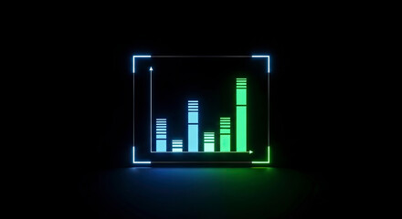 Vibrant glowing neon bar chart icon with a gradient from blue to green inside a reflective frame on a dark digital background