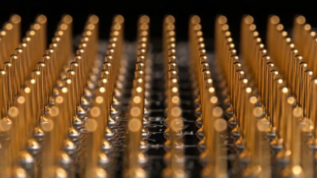 Close-up of many gold-plated pogo pins arranged in neat rows on a connector.