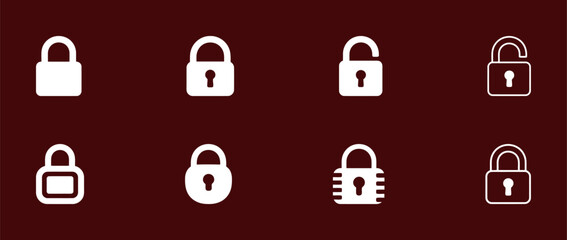 A set of white padlock icons on a dark red background, a collection of lock and key symbols for security