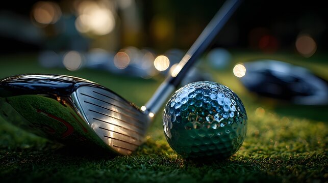 Close-up of golf club and ball on lush green grass at golden hour — perfect for sports ads, outdoor activity promotions