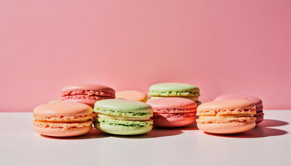 Fototapeta premium Colorful macarons clustered on crisp white surface, soft pink background highlighting delicate pastry shells with elegant, mouthwatering presentation