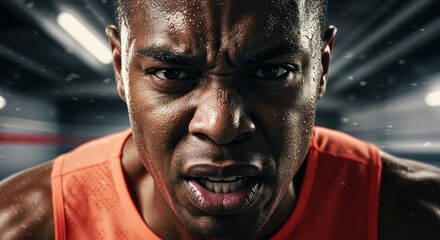 Sweaty man with intense expression wearing an orange tank top in a sports setting with visible moisture and determined gaze