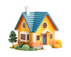 Colorful cartoon house featuring blue roof and yellow walls stands alone on transparent background