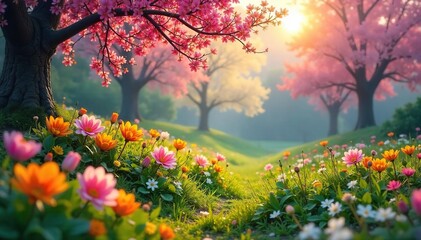 Escape the cold, embrace the warmth! A vibrant spring scene bursting with new life and color, signifying the end of winter's chill and the promise of renewal , transition, bright, vibrant colors