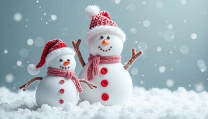 Obraz premium Ceramic snowmen wearing festive red accessories standing close together, surrounded by softly falling snowflakes on pale blue winter landscape