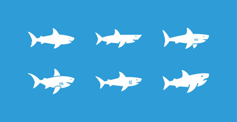 Set of white shark icons on a blue background, a collection of fish and marine animal symbols