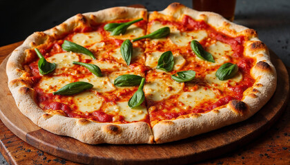 Margherita pizza slice highlighting gooey mozzarella, bright tomato sauce, and green basil leaves resting on weathered wooden surface, capturing classic italian flavor