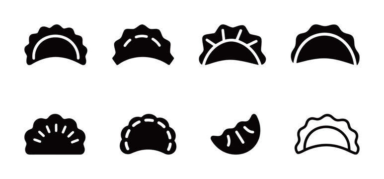 Set of black dumpling and gyoza icons, a collection of delicious asian food and cuisine symbols