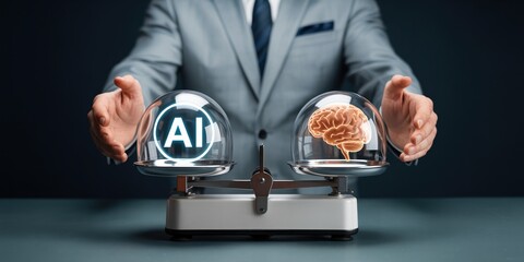 AI vs. Brain: A conceptual illustration comparing artificial intelligence and the human brain on a balance scale.