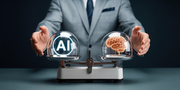 AI vs. Brain: A conceptual illustration comparing artificial intelligence and the human brain on a balance scale.