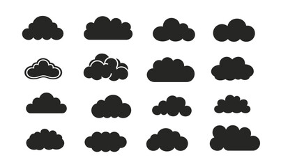 Obraz premium Set of sixteen simple black cloud icons in different flat minimalist shapes isolated on white background for weather and nature design collection vector illustration
