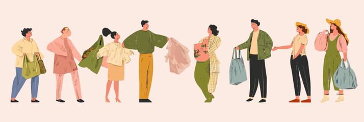 Group of diverse people shopping for second hand clothes wearing casual outfits holding shopping bags and garments in flat minimalist style vector illustration