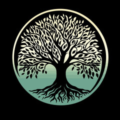 Naklejka premium Circular tree of life logo with intricate roots and branches silhouette in gradient green and beige minimalist design on black background for environmental or spiritual themes vector illustration
