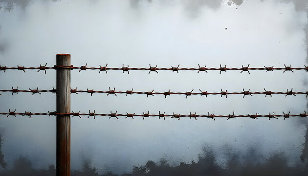 Rusty barbed wire fence on a grunge grey wall background. Industrial vintage texture symbolizing restriction, security, and boundaries.