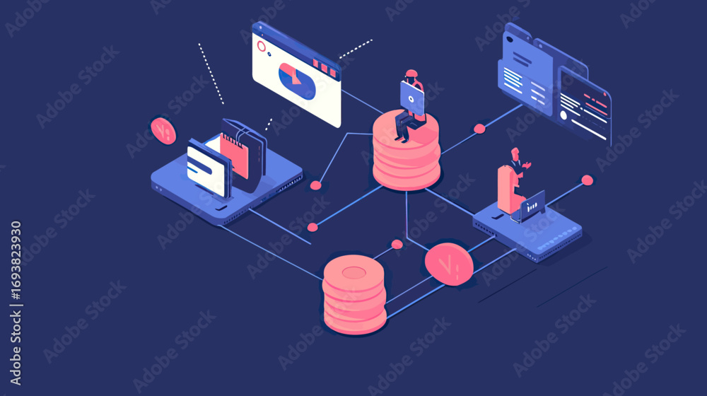 Wall mural isometric network system architecture with database servers laptop and developer coding interface te