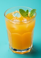 Iced orange juice with mint garnish in glass cup on aqua background