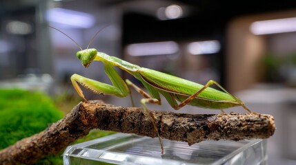 Green mantis perched on branch in indoor exhibit showcasing insect diversity and nature's beauty