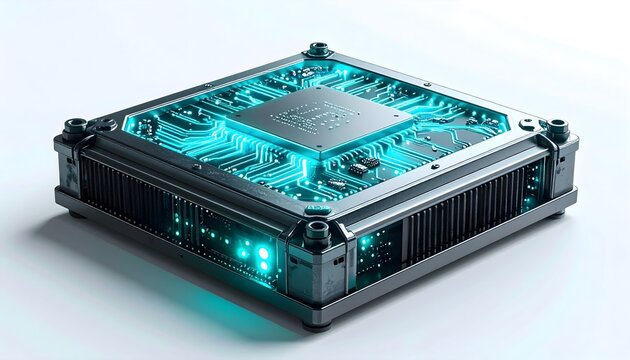 Isolated 3D render of an AI processing unit with glowing neural connections 