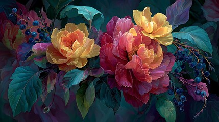 Vibrant double petal roses in rich hues with dew drops on dark moody background