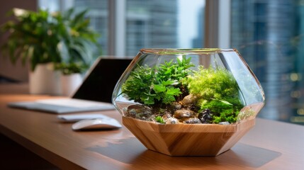 Creative indoor garden in a glass terrarium on a modern office desk with a city view