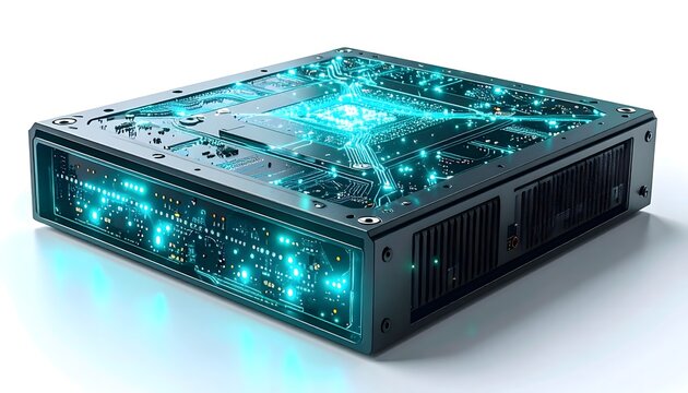Isolated 3D render of an AI processing unit with glowing neural connections 