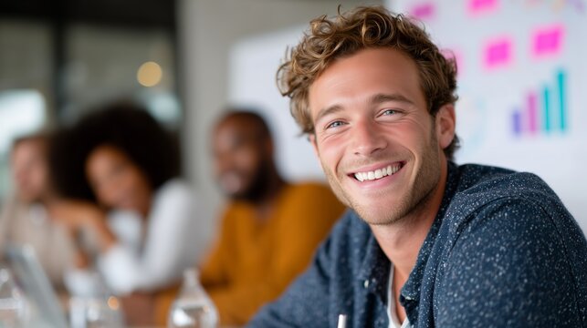 Group of professionals engaged in a discussion with a smiling man in focus during a meeting at a modern office - Powered by Adobe