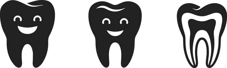 Happy smiling tooth icons, dental health illustrations, healthy teeth symbols, tooth anatomy vector, oral care icons, dental hygiene design, tooth root illustration