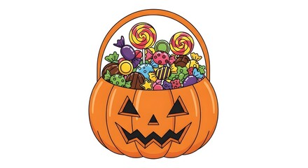 A cartoon illustration of a pumpkin-shaped basket overflowing with various colorful Halloween candies and treats.