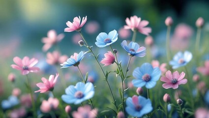 Pink and blue flowers, pastel colors, beautiful background, light tones, small, fresh style, mobile phone wallpaper, close-up of small wildflowers in the garden