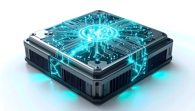 Isolated 3D render of an AI processing unit with glowing neural connections 