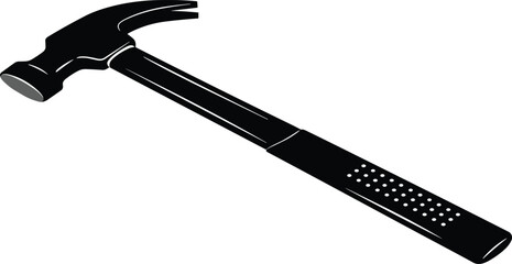 Black hammer illustration with claw, hand tool for construction, carpentry, woodworking, repair, DIY projects, metal head, ergonomic grip, isolated vector