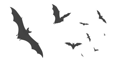 Silhouetted bats flying in various positions against a bright white background, depicting a flock.