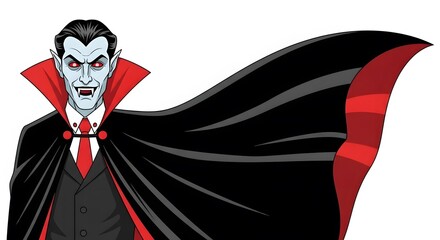 A menacing cartoon vampire with pale skin, red eyes, and fangs, wearing a black suit, red tie, and flowing black cape.
