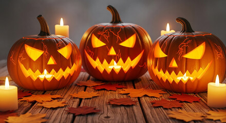 Close up of glowing carved halloween pumpkins with spooky faces
