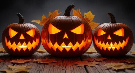 Obraz premium Close up of glowing carved halloween pumpkins with spooky faces