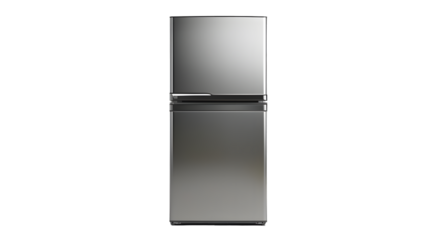 Modern stainless steel refrigerator isolated on transparent background. Sleek, isolated on a transparent background.png, Modern glass office building with trees and green space, sleek architecture, is