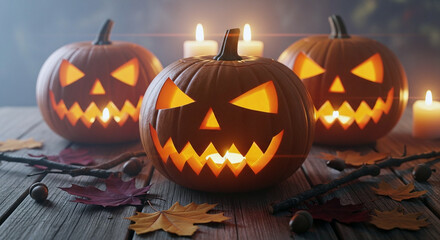Close up of glowing carved halloween pumpkins with spooky faces