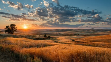Golden sunset over rolling hills of wheat fields