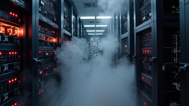 Server room malfunction with smoke and system failure, data center overheating, 4k video footage showing critical infrastructure.