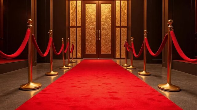 Elegant red carpet entrance to a VIP gala party, stunning lights and stanchions create a luxurious atmosphere for exclusive events