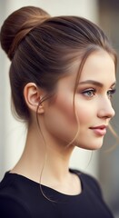 A woman with a sophisticated updo and flawlessly applied makeup, showcasing a profile view with subtle lighting and a soft backdrop.