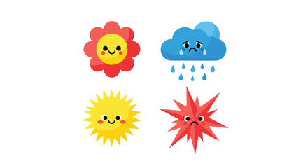 Vector illustration of set of four cartoon weather icons including sun, rain cloud, happy sun, and angry star