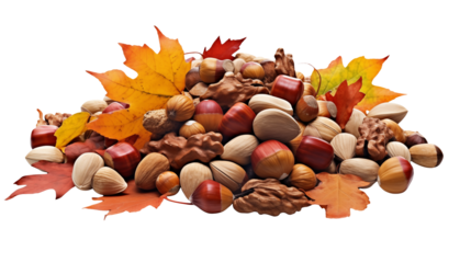 Abundant autumn harvest of mixed nuts and vibrant fall leaves creates a delicious and healthy seasonal display