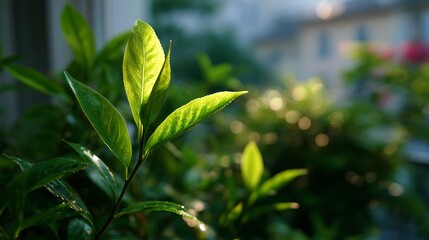 Obraz premium Green leaves glisten in morning light, creating a serene atmosphere in an urban garden setting