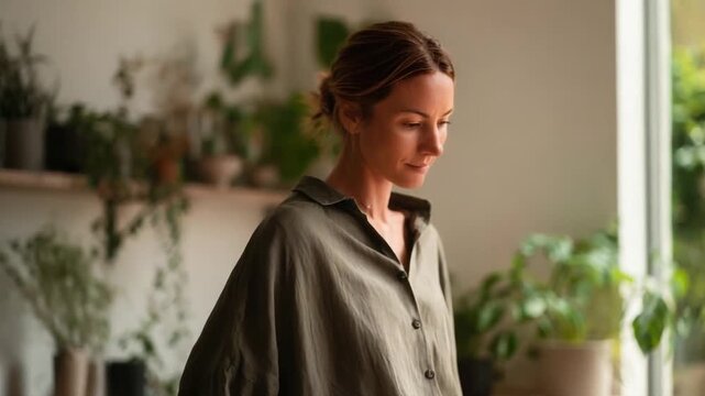A woman stands in a sunlit, plant-filled room by a window, wearing a loose green blouse and light beige pants.