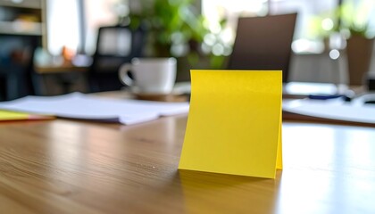 Blank yellow sticky note on a wooden office desk