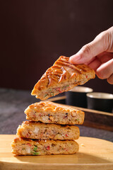 Traditional Cantonese Five Kernel Mooncakes Handmade Chinese Pastry with Mixed Nuts Cross Section