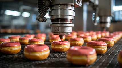 Automated pink iced donut production line doughnuts