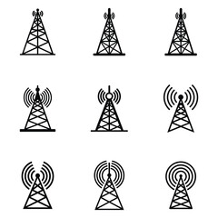 Fototapeta premium Collection of communication wireless signal transmission tower silhouette vector